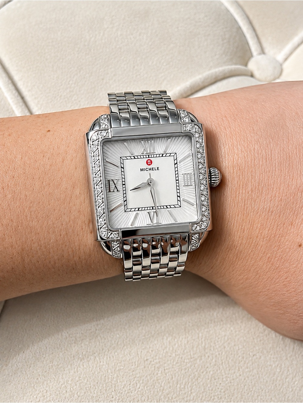 Michele Silver Square Diamond Bezel Watch